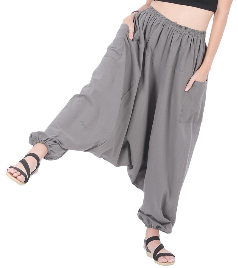 CandyHusky Women Cotton Harem Pants Casual Elastic Waist Boho Pants ComfortSoft - Grey - Image 1
